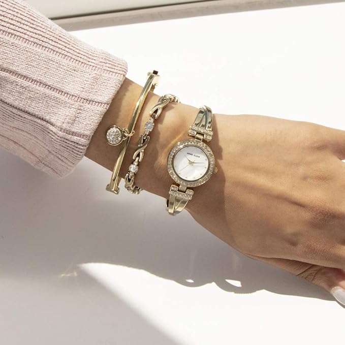 Women's Premium Crystal Accented Bangle Watch and Bracelet Set