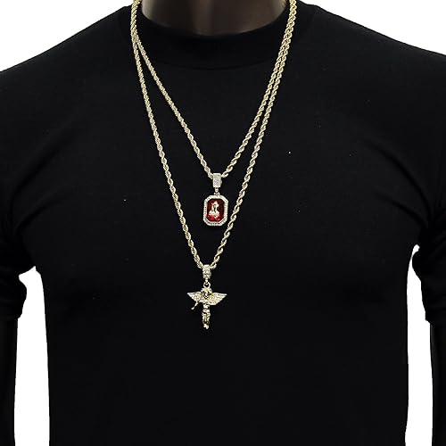 Jewel Town Mens Gold Angel & P Ruby Bundle Set Cz Pendant Hip Hop