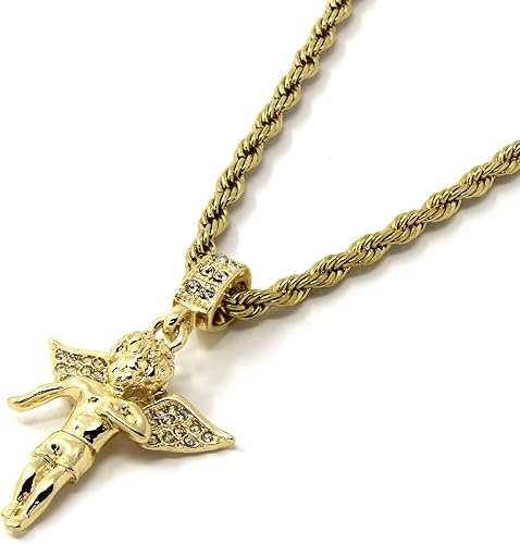 Jewel Town Mens Gold Angel & P Ruby Bundle Set Cz Pendant Hip Hop