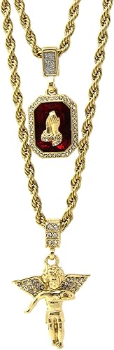 Jewel Town Mens Gold Angel & P Ruby Bundle Set Cz Pendant Hip Hop