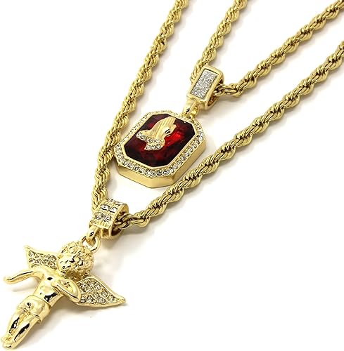 Jewel Town Mens Gold Angel & P Ruby Bundle Set Cz Pendant Hip Hop