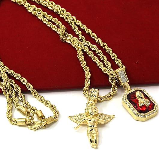 Jewel Town Mens Gold Angel & P Ruby Bundle Set Cz Pendant Hip Hop